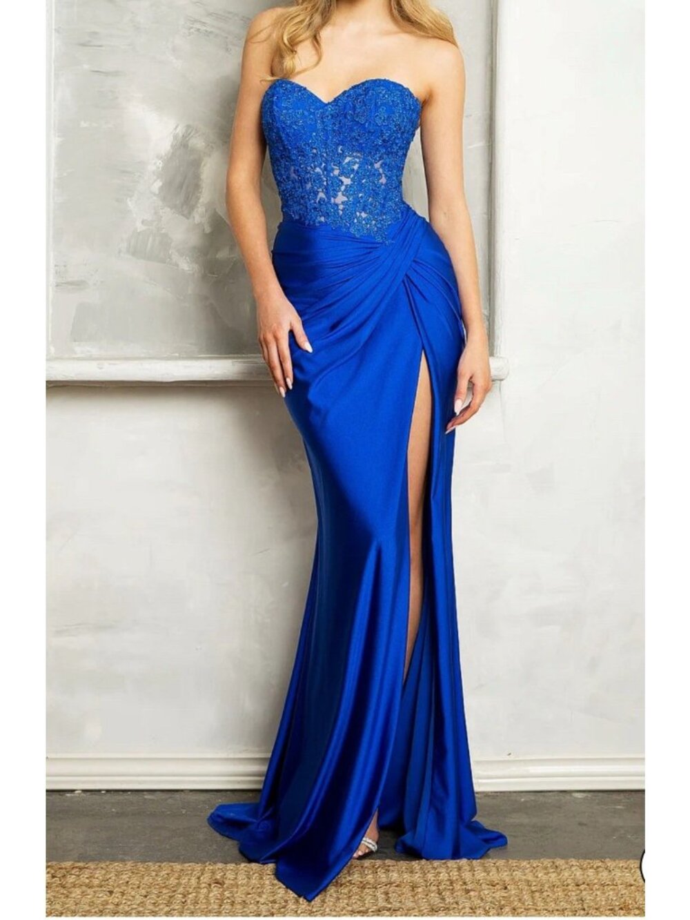 Royal Blue Strapless Sequin Lace Corset Side Gather High Slit Prom Dress Size 10